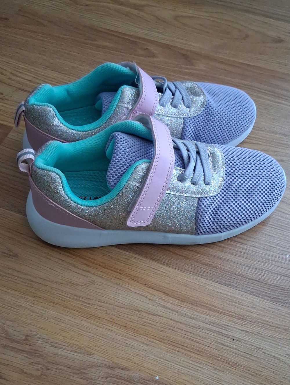 Girls Glitter Mesh Sneakers with Hook-and-Loop Strap - Purple and Teal